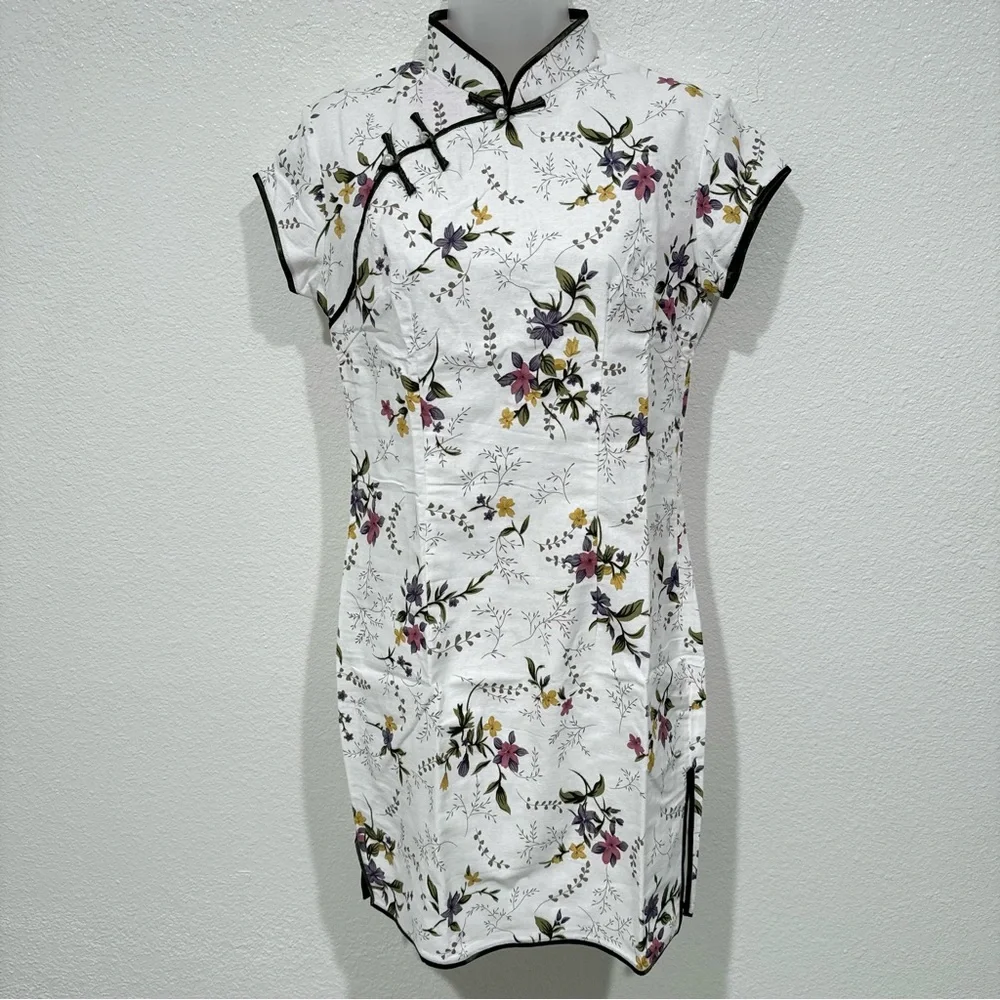 NWT chinese white cheongsam qipao asian oriental floral print traditional dress